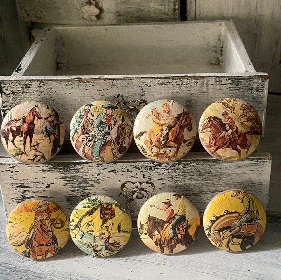 Rustic Western Ranch Cowboys Horses Handmade Wood Cabinet Knobs Drawer Pulls Set of 8 - Vintage Storyteller Theme