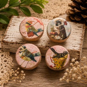 May include: Four round wooden knobs with bird illustrations. Each knob features a different bird design with vintage-style artwork. The birds are depicted with accessories like umbrellas and luggage, set against a pink background.