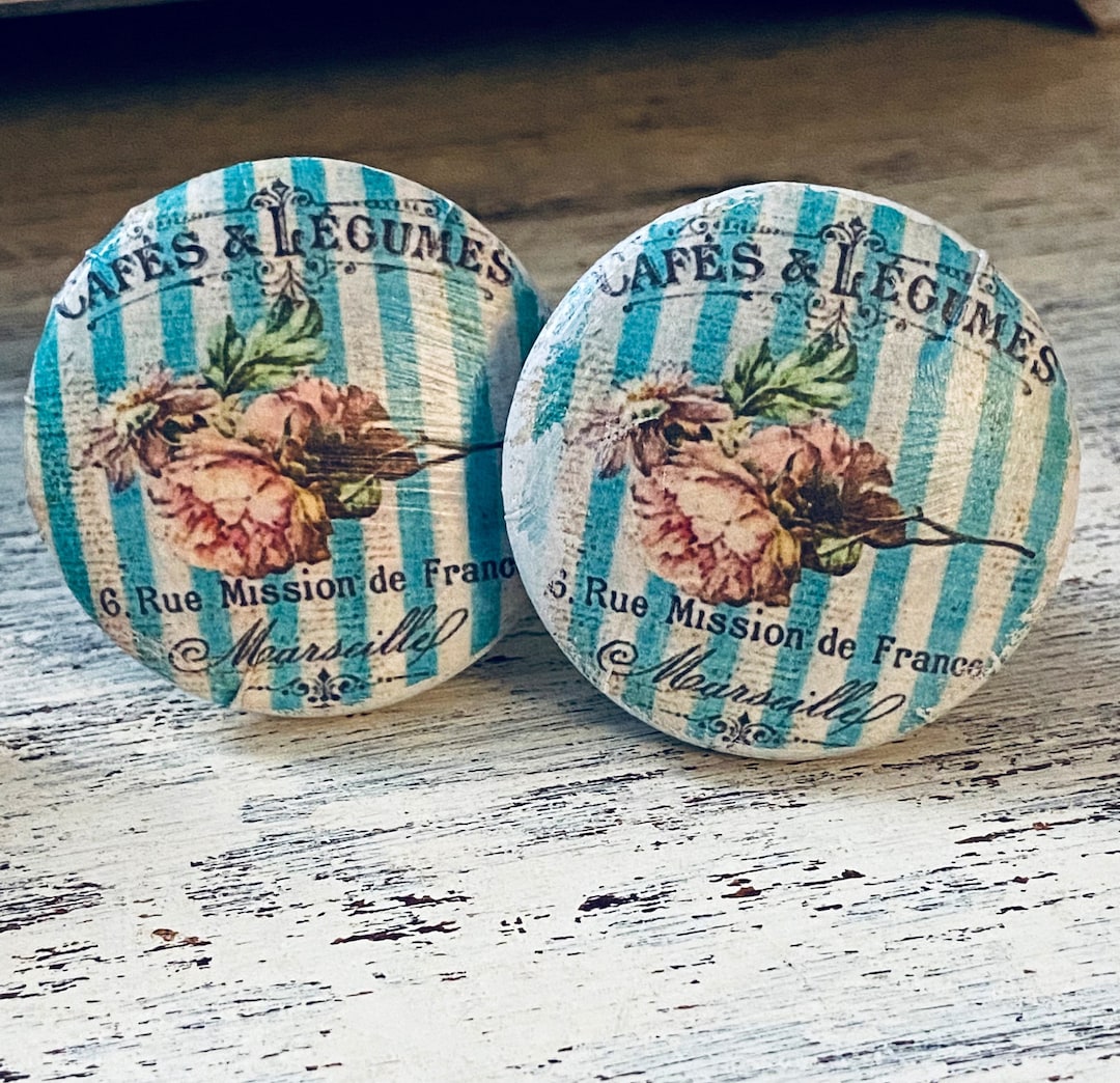 Shabby French Country Knobs Drawer Pulls Set of 2 Floral Label