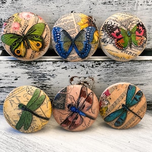 May include: Six round decorative cabinet knobs with butterfly and dragonfly designs. The knobs feature vintage-style illustrations with floral and musical note backgrounds. Colors include green, blue, pink, and brown. Some knobs have text, including "PARIS".