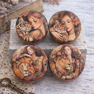 Lion & Tiger Cabinet Knobs - Handmade Fantasy Animal Wood Drawer Pulls