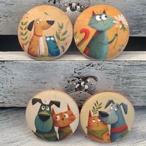 Handmade Wood Cabinet Knobs: Cat & Dog Friend Drawer Pulls