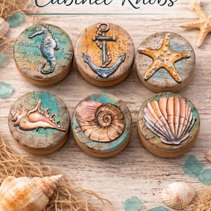Coastal Cabinet Knobs - Rustic Handmade Wood Drawer Pulls Set - Sea Life