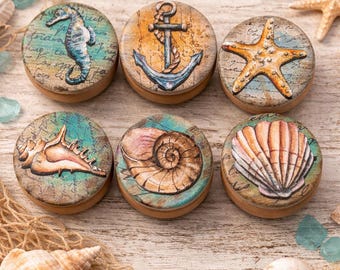 Coastal Cabinet Knobs - Rustic Handmade Wood Drawer Pulls Set - Sea Life