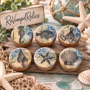 May include: A set of six round wooden cabinet knobs featuring nautical illustrations of a seahorse, fish, octopus, conch shell, starfish, and scallop shell. Each knob has a light wood base and a decorative top with blue patterned accents.