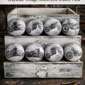 Motorcycle Cabinet Knobs Set of 8, Vintage Biker Drawer Pulls, Grayscale Motorcycle Hardware, Man Cave Decor, Rustic Furniture Knobs