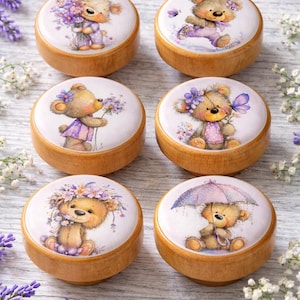 Teddy Bear Cabinet Knobs Set – Wooden Drawer Pulls – Floral Nursery Decor – Cute Kids Furniture Handles
