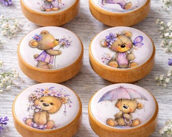Teddy Bear Cabinet Knobs Set – Wooden Drawer Pulls – Floral Nursery Decor – Cute Kids Furniture Handles
