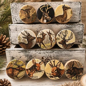 May include: A collection of nine round decorative wooden coasters featuring vintage-style deer illustrations. The coasters showcase various deer poses and antler designs, with a mix of brown, beige, and black backgrounds. They are arranged in a rustic white wooden box.