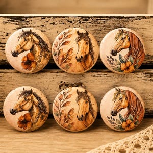 May include: A set of six circular cabinet knobs featuring printed illustrations of brown horses, orange flowers, and autumn leaves. The knobs have a smooth, light-colored surface and are arranged in two rows of three against a wooden background.