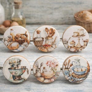 Handmade Kitchen Cabinet Knobs – Vintage Baking Illustration Drawer Pulls – Rustic Farmhouse Cabinet Hardware – Set of Wooden Knobs