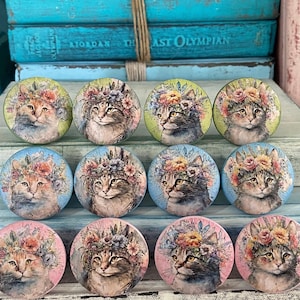 Handmade Cat Cabinet Knobs: Decoupage Wood Drawer Pulls, Set of 12