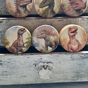 May include: Six round coasters featuring watercolor illustrations of various dinosaurs. The coasters showcase detailed depictions of different dinosaur species in shades of brown, green, and red, set against a backdrop of foliage.