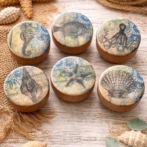 Coastal Cabinet Knobs Set of 6 – Beach Drawer Pulls, Nautical Decor, Seahorse Octopus Starfish Shell Knobs, Ocean Themed Hardware