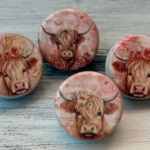 May include: Four round decorative magnets featuring Highland cows. Each magnet has a watercolor-style image of a cow with long fur, horns, and floral accents. The background is a soft pink with a vintage aesthetic.