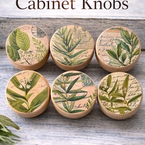 Botanical Cabinet Knobs Set of 6 – Vintage Floral Drawer Pulls, Rustic Wood Knobs, Cottagecore Kitchen Decor