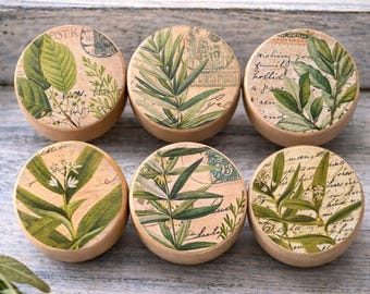 Botanical Cabinet Knobs Set – Vintage Floral Wood Drawer Pulls, Cottagecore Decor