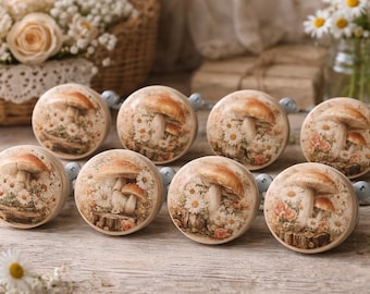 Cottagecore Mushroom Cabinet Knobs – Floral Wooden Drawer Pulls – Vintage Style Dresser Knobs – Whimsical Cottage Decor Set