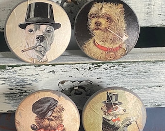 Vintage Dogs Whimsical Wood Cabinet Knobs Drawer Pulls - Shabby Rustic Set of 4