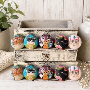 CAT Cabinet Knobs Handmade Wood Drawer Pulls Whimsical Kitty Cats