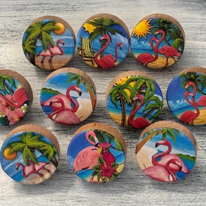 Pink Flamingo Cabinet Knobs Handmade Wood Drawer Pulls - Coastal Cottage Decor