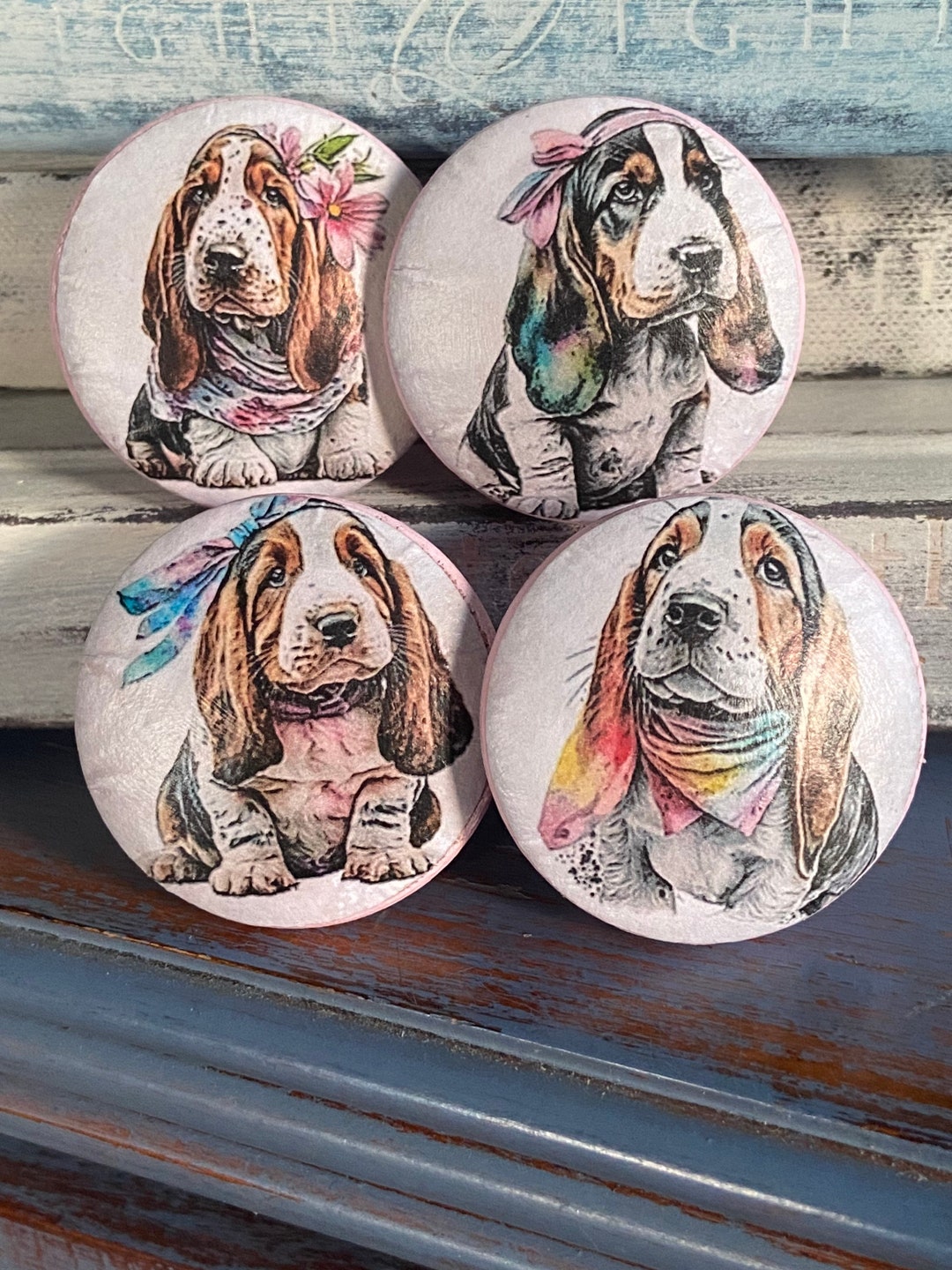 Basset Hound Wood Knobs Drawer Pulls Whimsical Dogs Set of 4 Etsy