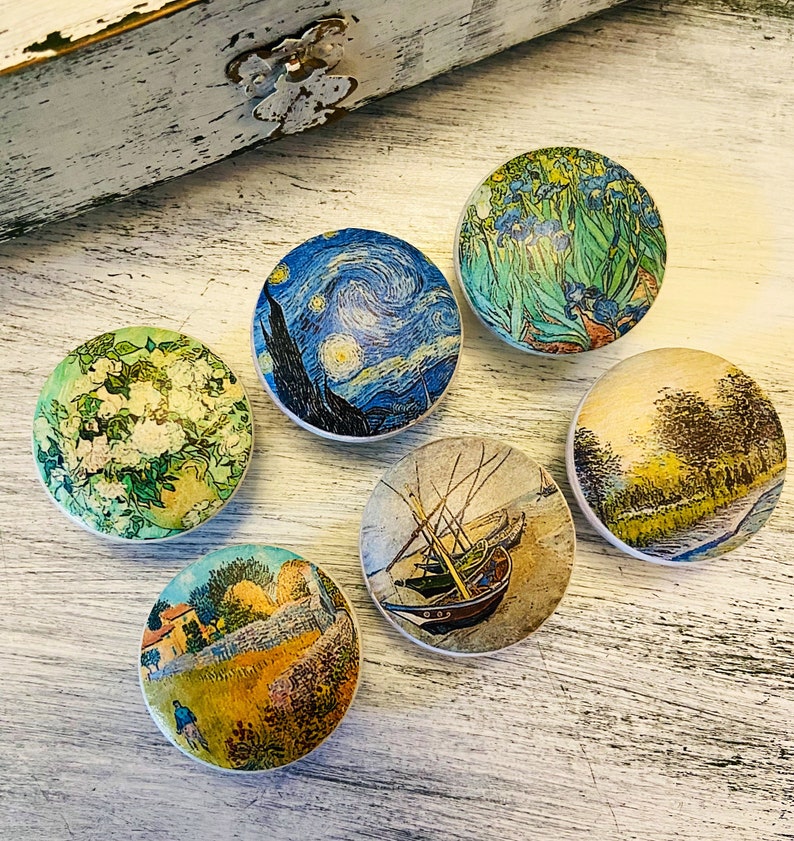 Van Gogh Art Theme Handmade Wood Cabinet Knobs Drawer Pulls Set of 6 image 2