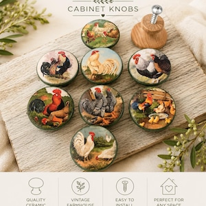 Rooster Cabinet Knobs Handmade Wood Drawer Pulls - Farmhouse Home Decor