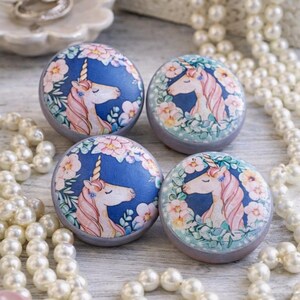 Hand-Painted Wood Unicorn Cabinet Knobs – Floral Drawer Pulls, Lavender Base