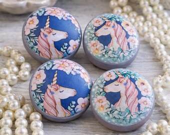 Unicorn Cabinet Knobs Set of 4 – Floral Unicorn Drawer Pulls, Kids Room Decor, Nursery Furniture Knobs, Fantasy Hardware