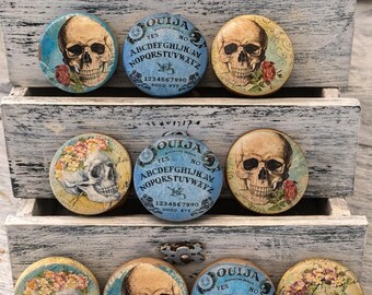 Gothic Skull Cabinet Knobs Set of 8 – Ouija Board Drawer Pulls, Halloween Decor, Floral Skull Knobs, Spooky Furniture Hardware