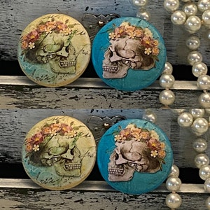 Shabby French Floral SKULL Handmade Wood Cabinet Knobs or Drawer Pulls Set of 4