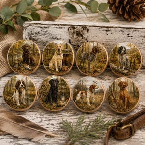 May include: Set of eight round wooden coasters, each featuring a different dog breed in a forest scene. The dogs are depicted in various poses, with detailed fur and expressions. The coasters have a natural wood edge.