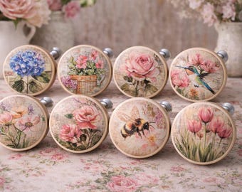 Floral Cabinet Knobs Set of 8, Cottagecore Drawer Pulls, Vintage Botanical Dresser Knobs, Shabby Chic Furniture Hardware