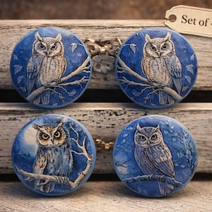 Owl Cabinet Knobs Set of 4 – Rustic Woodland Drawer Pulls – Handmade Blue Owl Furniture Knobs – Nature Inspired Decor