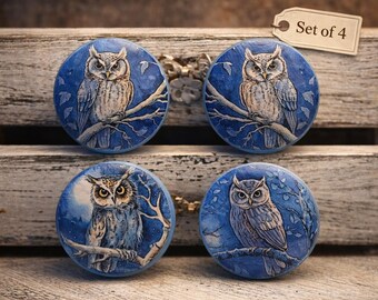 Owl Cabinet Knobs Set of 4 – Rustic Woodland Drawer Pulls – Handmade Blue Owl Furniture Knobs – Nature Inspired Decor