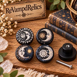 Handcrafted Celestial Moon Sun Cabinet Knobs - Boho Wooden Drawer Pulls
