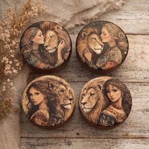 Lion & Woman Cabinet Knobs – Fantasy Art Drawer Pulls – Vintage Style Wooden Hardware – Boho Rustic Furniture Knobs Set of 4
