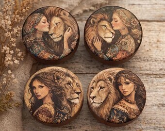 Lion & Woman Cabinet Knobs – Fantasy Art Drawer Pulls – Vintage Style Wooden Hardware – Boho Rustic Furniture Knobs Set of 4