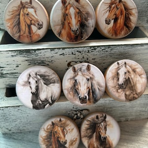 May include: Eight wooden knobs with painted images of horses. The horses are in various poses and have different colored manes and tails. The knobs are round and have a smooth, polished finish.