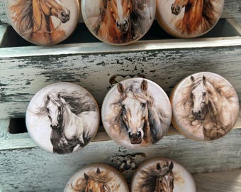 Wild Horses Wood Cabinet Knobs: Farmhouse Equestrian Decor, Furniture Drawer Pulls Set