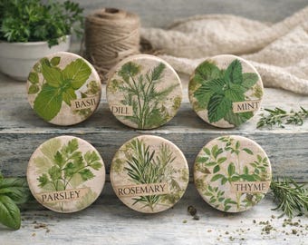 Handmade Herb Cabinet Knobs – Basil Dill Mint Parsley Rosemary Thyme – Botanical Kitchen Drawer Pulls – Farmhouse Cabinet Hardware