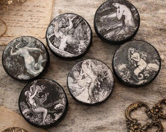 Vintage Mermaid Cabinet Knobs Set of 6 – Black and White Nautical Drawer Pulls – Coastal Cottage Decor – Unique Furniture Hardware