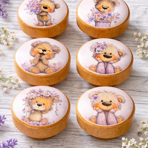 Wooden Teddy Bear Cabinet Knobs, Floral Bear Drawer Pulls, Nursery Dresser Knobs, Cottagecore Kids Room Decor, Set of 6