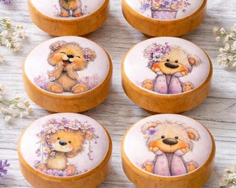 Wooden Teddy Bear Cabinet Knobs, Floral Bear Drawer Pulls, Nursery Dresser Knobs, Cottagecore Kids Room Decor, Set of 6
