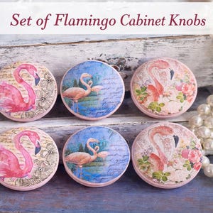Pink Flamingo Cabinet Knobs - Handmade Wood Drawer Pulls  Coastal Decor