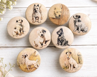 Terrier Dogs Whimsical Wood Cabinet Knobs Drawer Pulls - Shabby Rustic Vintage Set of 8