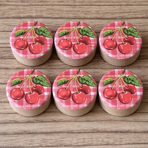 Cherry Fruit Kitschy Cabinet Knobs Handmade Wood Drawer Pulls - Cherries Gingham Plaid