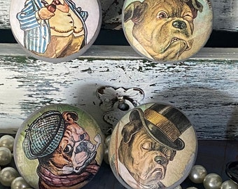 Whimsical Vintage English Bulldog Theme Handmade Wood Cabinet Knobs or Drawer Pulls - Set of 4