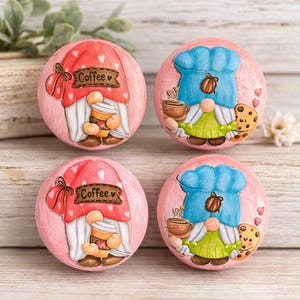 Handmade Gnome Cabinet Knobs – Coffee Theme Drawer Pulls – Pink Wooden Kitchen Cabinet Hardware –